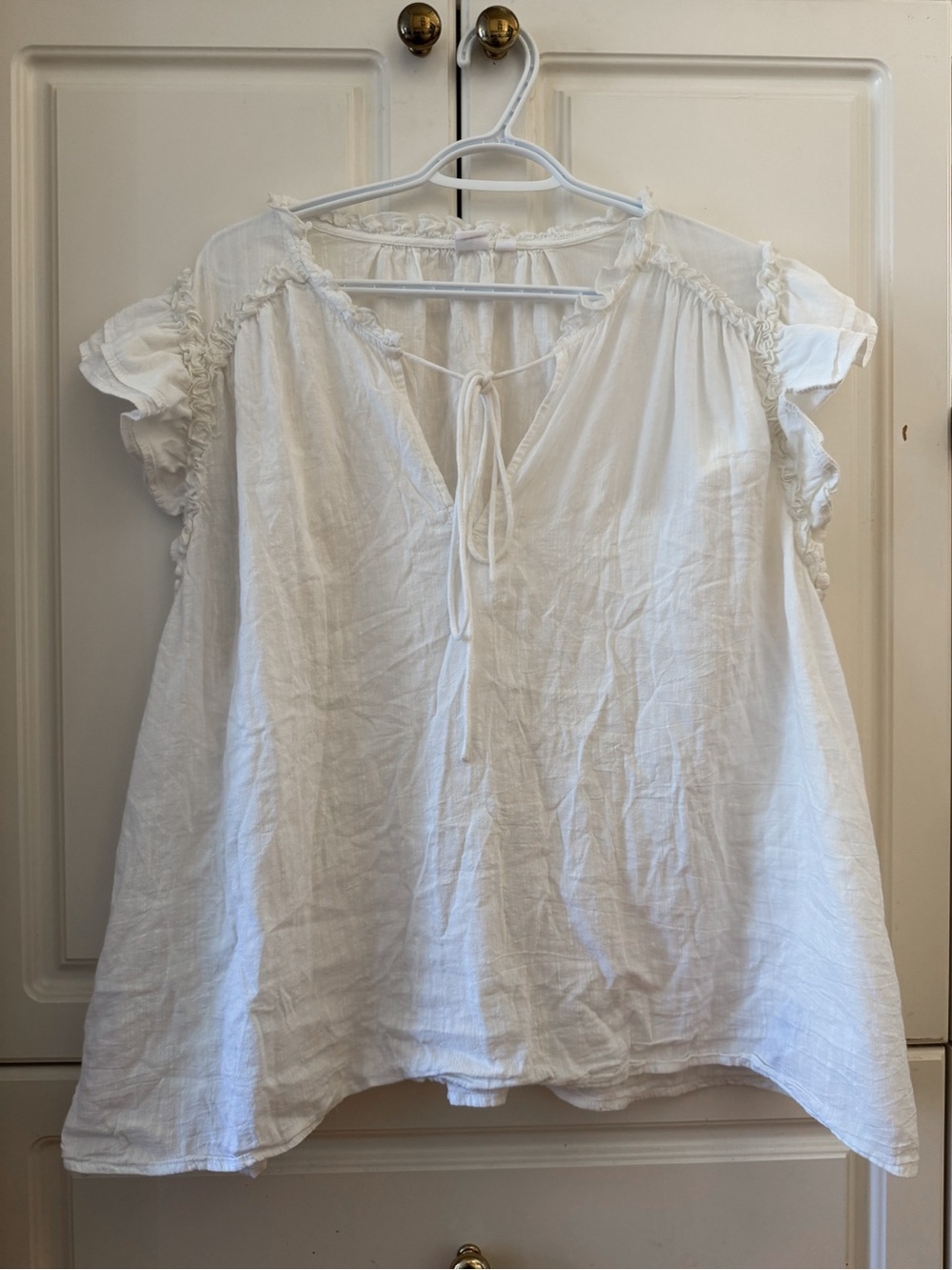 White Tie-Front Ruffle Sleeve Women's Top / Babydoll Top